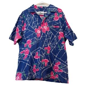 Vintage ‘70s Hilo Hattie Hawaiian Shirt Blue w/ Pink Irises 100% Cotton Men XL